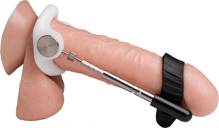 An extender that lengthens by stretching the tissues of the penis